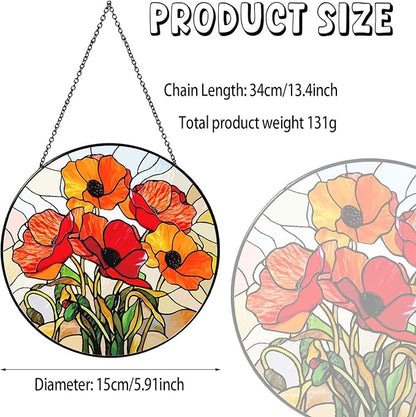 California Poppy Forest Sun Catcher 6'' Stained Glass Window Hanging Flower Lover Gifts for Women Red Poppy Kitchen Decor Suncatcher Decoration for Home Garden Housewarming Gifts
