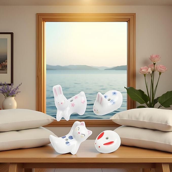 4Pcs Rabbit Cat Ceramic Incense Holder Cute White Animals Incense Sticker Holder Fun Home Decorative Ornaments for Home Room Decoration Yoga Spa Meditation Incense Holders