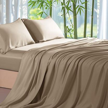 Shilucheng 100% Viscose Derived from Bamboo_ Sheets King Size 4pcs - Ultra Cooling & Silky Soft Bed Sheets, 16" Deep Pocket, Perfect for Hot Sleepers, Hotel Bedding Sheets (Simply Taupe)