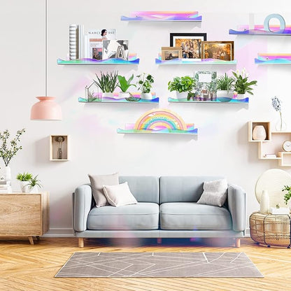 6 Packs Iridescent Clear Acrylic Floating Shelves, DILIBRA 15.7 Inch Large Set up for Funko Pop Display Case Picture Ledge Shelf, Acrylic Floating Wall Bookshelf Organizer for Kids Room Bathroom