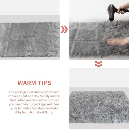 Ciicool Grey Fur Fluffy Rug, 2x4 ft Small Faux Fur Rugs for Bedroom, Washable Faux Sheepskin Carpet for Sofa Couch Seat Cushion, Thick Shaggy Furry Rugs Floor Carpets for Bedside Living Room