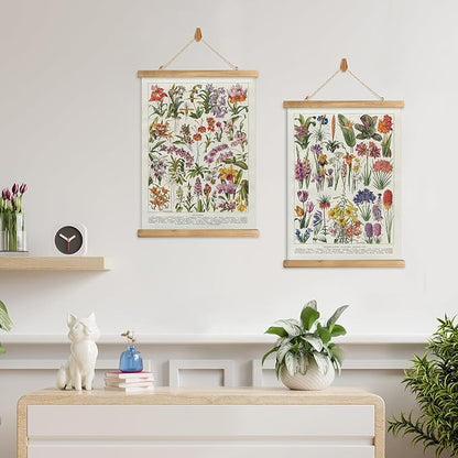 XIAOAIKA Botanical Floral Wall Art Prints - Set of 2, Antique Flower Illustration Posters with Wooden Hanging Frames, Vintage Garden Plant Decor 16 x 23 Inches