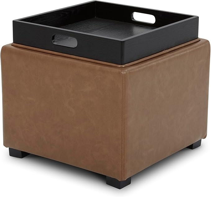 CHITA Storage Ottoman Cube with Tray Lid, Small Footstool with Storage, Square End Table for Living Room and Bedroom, Faux Leather in Saddle Brown