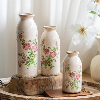 Vintage Vase Set of 3, Ceramic Vintage Flower Vases, Decorative Home Decor Retro Floral Vase Rustic Farmhouse Decor for Table Bookshelf Mantel Kitchen Living Room Office - Pink Flower