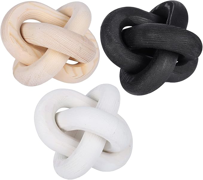 3-Link Wood Chain Link Decor, Coffee Bar Table Decor, Farmhouse Wood Chain Knot Boho Hand Carved Decorative Wood Link Chain for Entryway Dinning Table Bookshelf Tiered Tray Home Decor (White)