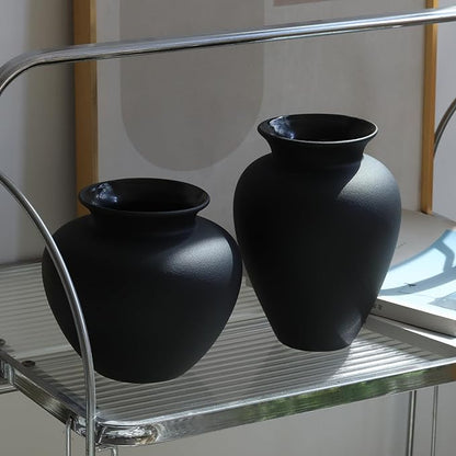 Black Ceramic Flower Vase, Decorative Jar Modern Centerpiece Table Decorations,Rustic Ceramic vases for Home Decor Dining Room,Wide Mouth Ceramic vase for Kitchen Utensils (Black, 0619)