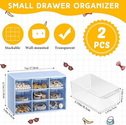 Wenqik 2 Pcs Mini Storage Drawers Teacher Toolbox Organizer with 9 Clear Drawers Small Plastic Desktop Teacher Desk Craft Organizer for Classroom Office 7" x 3. 9" x 4. 7"(Blue)