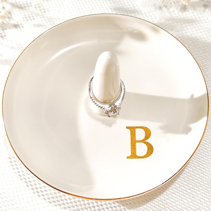 Ceramic Initials Jewelry Tray Ring Dish With Personalized B-Monogrammed Engagement Wedding Gifts, for Birthday Mother's Day for Women, Ceramic White 4.7" x2.4"