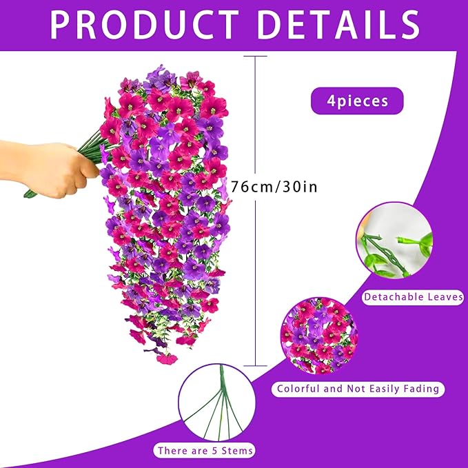 Artificial Fake Hanging Flowers Plants for Outdoor Fall Decoration, 4PCS UV Resistant Look Real Trailing Vines for Outside Home Planter Porch Patio Mums Autumn Decor (Purple&Pink Rose)
