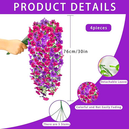 Artificial Fake Hanging Flowers Plants for Outdoor Fall Decoration, 4PCS UV Resistant Look Real Trailing Vines for Outside Home Planter Porch Patio Mums Autumn Decor (Purple&Pink Rose)