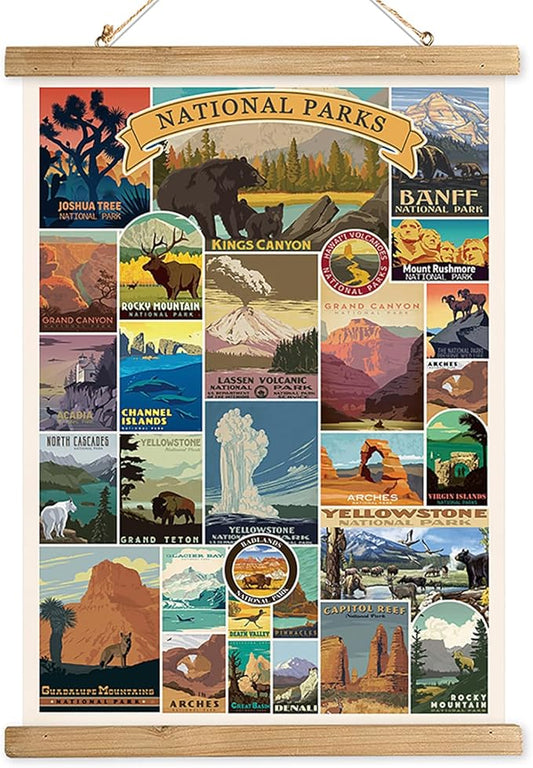 Comprehensive National Parks Display: Poster highlights a collection of USA national parks; each represented by a unique and colorful illustration capturing the essence of the park's landscapes and landmarks