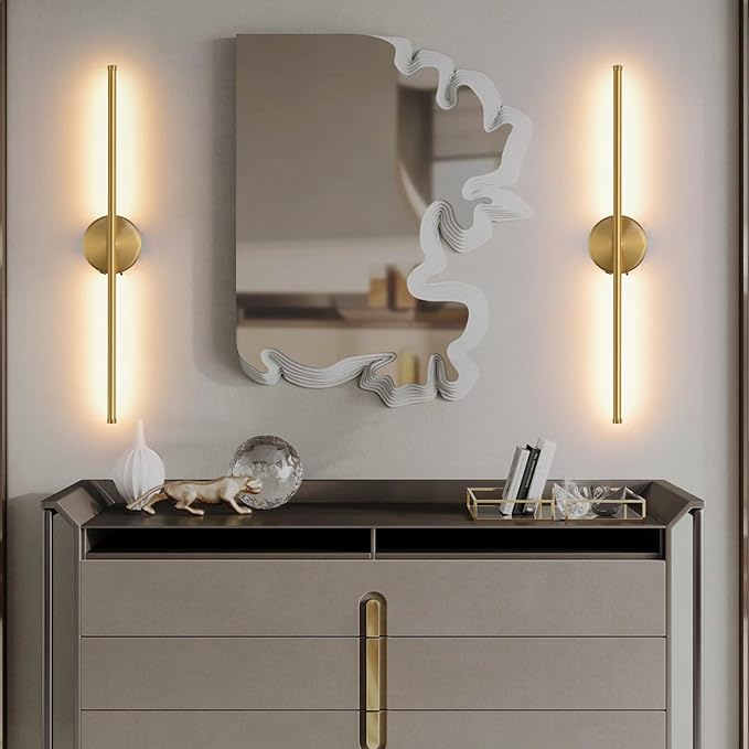 Wall Sconces Battery Operated Set of Two, Gold LED Wireless Wall Sconce with Remote Control 350° Rotate, 27.6 Inch Dimmable USB Rechargeable Wall Lights for Living Room Bedroom Hallway