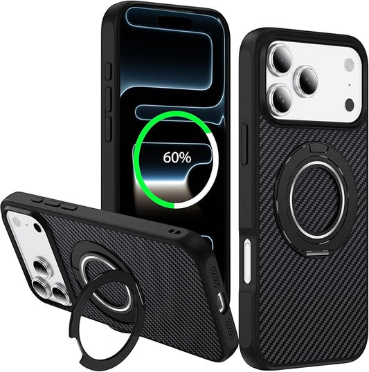 Mag-Stand Carbon Fiber Case for iPhone 17 Pro Max, 360° Rotate Magnetic Stand, Compatible with MagSafe, 15FT Military Protection, Slim Shockproof Magnetic Kickstand Mag Phone Case for Men Women