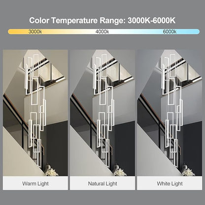 Modern Adjustable Height Pendant Light Fixture - White 252W LED Pendant Lights with 12 Rings - Rectangular Chandelier for Staircase, Lobby, Living Room, Foyer and High Ceiling