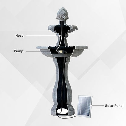 XBrand 44" H Black Fiberglass/Resin 2-Tier Solar Water Fountain with Auto-Shut Off Pump, Tall Outdoor Fountain, Two Tiered Birdbath