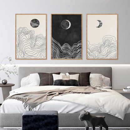 HLNIUC Black and White Abstract Wall Art Set of 3, Large Boho Framed Canvas Decor(16x24), Modern Celestial Sun Moon Painting, Geometric Line Mountain Art Print for Living Room, Bedroom, Office