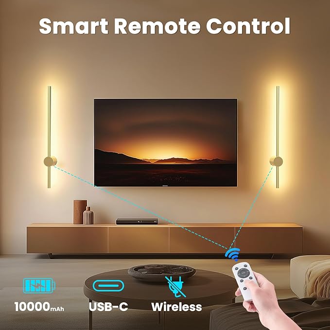 NIORSUN 24 Inch Battery Operated Wall Sconce Set of 2,Gold Minimalist Rechargeable LED Wall Lights with Remote, 10 Colors Dimmable Wireless Wall Lamp for Living Room Bedroom Hallway