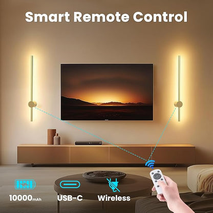NIORSUN 24 Inch Battery Operated Wall Sconce Set of 2,Gold Minimalist Rechargeable LED Wall Lights with Remote, 10 Colors Dimmable Wireless Wall Lamp for Living Room Bedroom Hallway