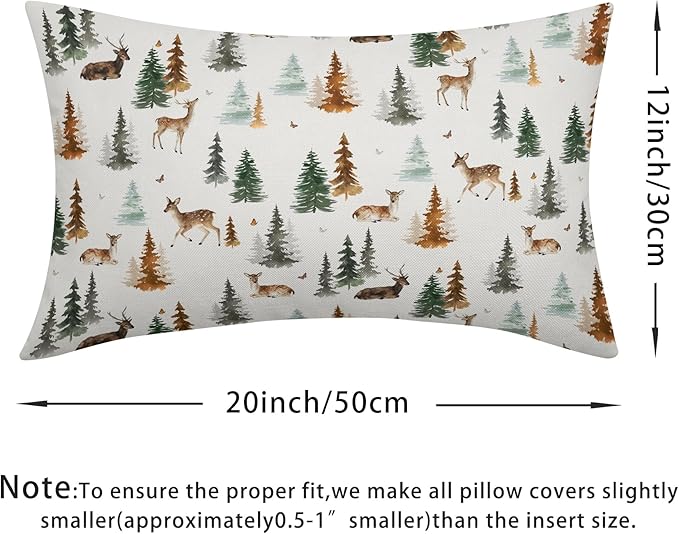 Watercolor Deer Spring Pillow Covers 12x20 Set of 2 Forest Tree Throw Pillow Covers Rustic Pillowcase Linen Decoration Farmhouse Soft Decorative Green Brown Cushion Case Couch for Indoor Home Decor