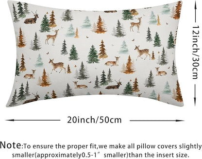 Watercolor Deer Spring Pillow Covers 12x20 Set of 2 Forest Tree Throw Pillow Covers Rustic Pillowcase Linen Decoration Farmhouse Soft Decorative Green Brown Cushion Case Couch for Indoor Home Decor