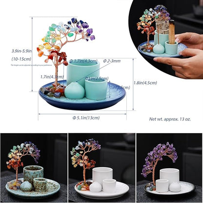 5 in 1 Incense Burner Holder with Crystal Tree for Burning Palo Santo Stick, Sage, Incense Sticks, Candle, Ceramic Tray Ash Catcher, Meditation Gift (Sky-Blue)