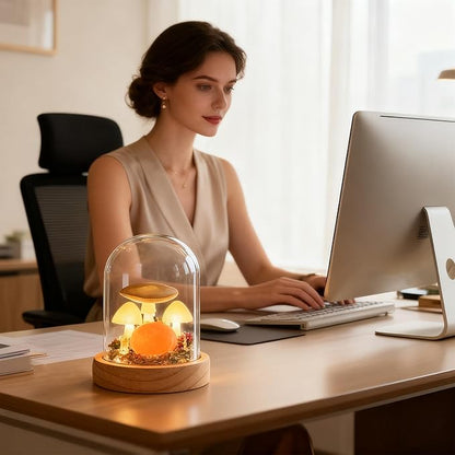 QUELIEN Mushroom Night Light in Glass Dome - Warm White LED Mushroom Lamp for Home Decor, Unique Housewarming Gifts for Women Mom, Bedroom Office Desk Decor (Yellow-1)