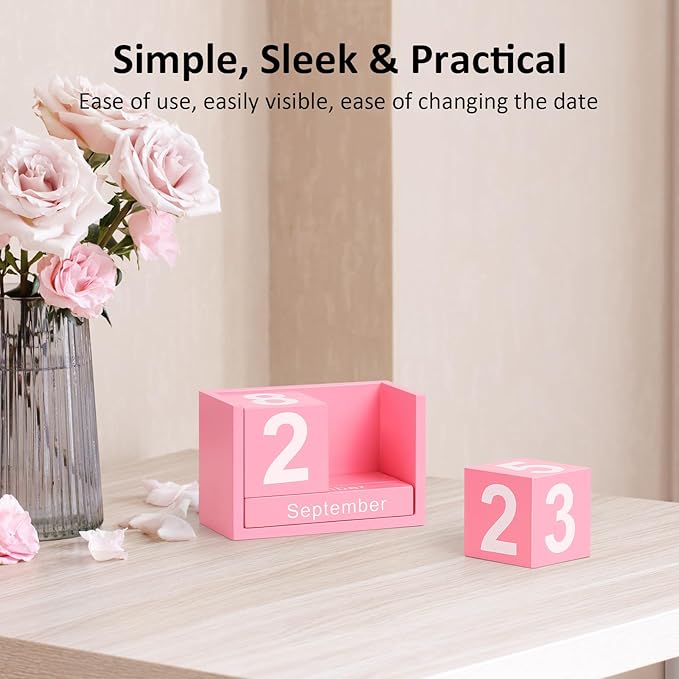 Wooden Block Calendar for Desk, Small Size Daily Desktop Perpetual Desk Calendar, Cute Date Display Desk Accessories for Home Office Decor, Teacher, Classroom, Reusable Yearly, Pink