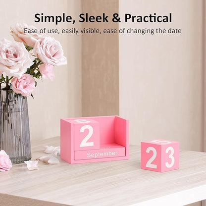 Wooden Block Calendar for Desk, Small Size Daily Desktop Perpetual Desk Calendar, Cute Date Display Desk Accessories for Home Office Decor, Teacher, Classroom, Reusable Yearly, Pink