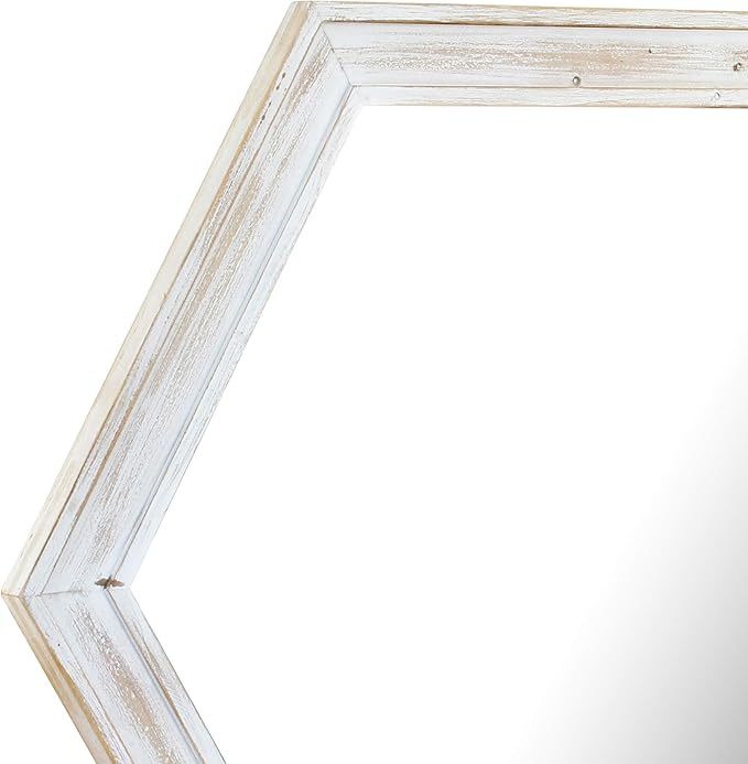Stonebriar Decorative 24" Hexagon Wall Mirror with Worn White Wood Frame and Attached Hanging Bracket, Decorative Country Rustic Decor for the Living Room, Bedroom, Bathroom, Hallway, and Entryway