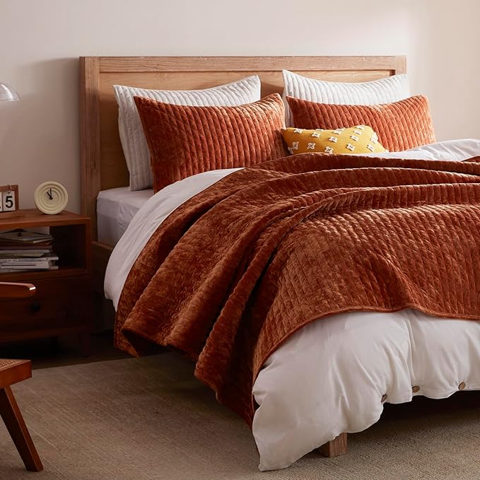 LEAONME Velvet Quilt King Size 98''x106'', Lightweight Burnt Orange Velvet Comforter Set with 2 Matching Shams, Soft Cross Stitch Bedspread Coverlet Bedding Set for All Season