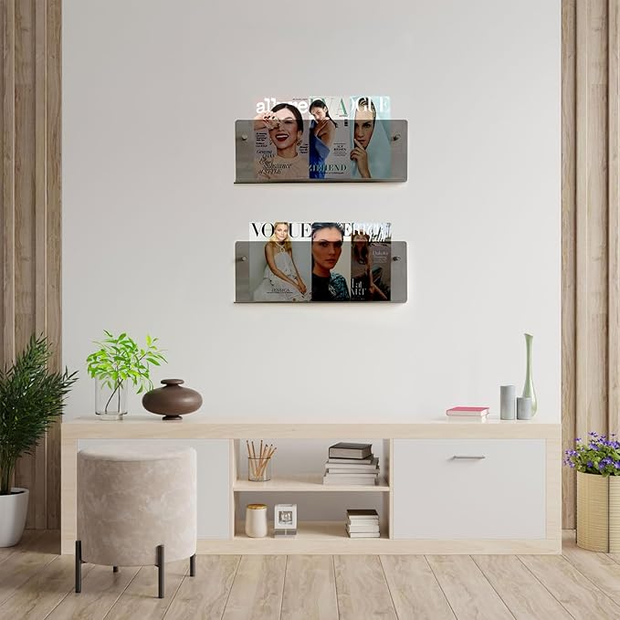 2-Pack Acrylic Magazine Holder - 24 Inch Wall Mounted Floating Bookshelf for Brochures, Records & Books, Modern Storage Rack for Office, Living Room, Waiting Room (Black, 24 Inch)