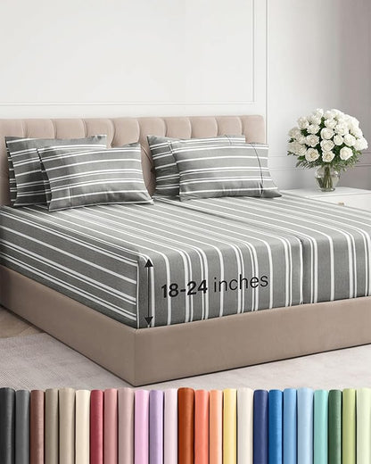 Extra Deep Split King Sheet Set - 7 Piece Breathable & Cooling Sheets - Hotel Luxury Bed Sheets Set - Easy Fit - Soft, Wrinkle Free & Comfy Sheets Set - Grey Striped Sheet Set w/Extra Deep Pockets