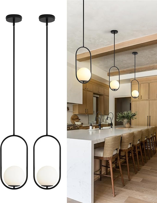 Yunnix Globe Pendant Lights Kitchen Island, 2 Pack Mid Century Modern Pendant Lights Milk Glass Hanging Light Fixture Black Chandelier for Bedroom Dining Room (Bulb Not Included)