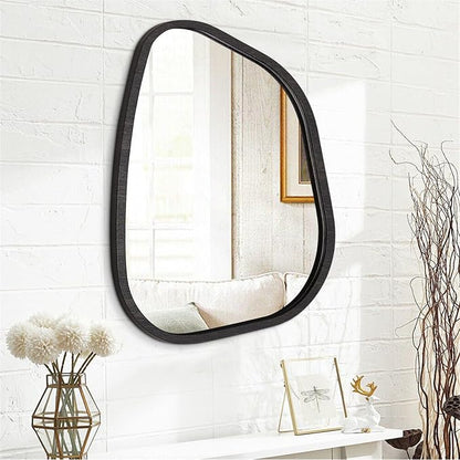 Irregular Wall Mirror Modern Oval Asymmetrical Wooden Framed Unique Hanging Mirror Artistic Wavy Mirror Decor Bathroom Vanity Bedroom Living Room Entryway Hallway 26"x18"