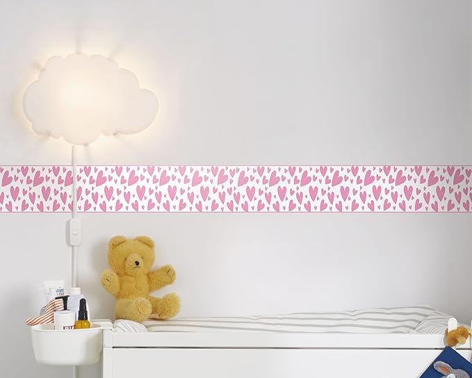 FLFK Pink Heart Wallpaper Border - Peel and Stick Wall Paper, Self Adhesive Removable PVC Borders Sticker, Modern Waterproof Trim for Home Decor, 6" x 240"