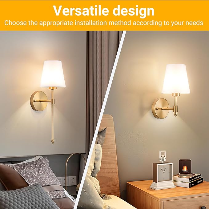 Battery Operated Wall Sconce: Peel and Stick Adhesives Stick On Non Drill Wall Light, Rechargeable Wireless Wall Lamp with Battery Corn Bulb for Bedroom Wall Decor (Gold,20inch)