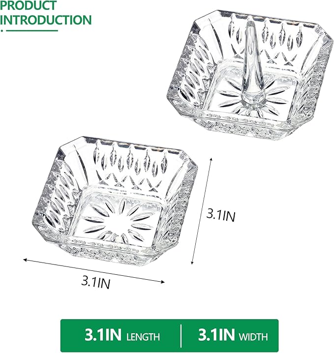 Clear Crystal Ring Holder Set of 2 Glass Jewelry Ring Dish Tray Decor for Engagement Wedding Party Gifts