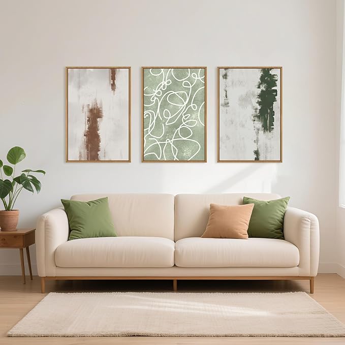 Aryroi Large Abstract Green Brown Geometric Framed Canvas Wall Art Set,Minimalist Neutral Brush Stroke Wall Decor,Modern Watercolor White Curved Lines Artwork For Living Room,Bedroom,Office-24 x36 x3