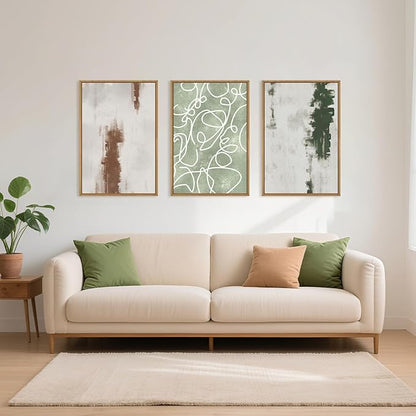 Aryroi Large Abstract Green Brown Geometric Framed Canvas Wall Art Set,Minimalist Neutral Brush Stroke Wall Decor,Modern Watercolor White Curved Lines Artwork For Living Room,Bedroom,Office-24 x36 x3