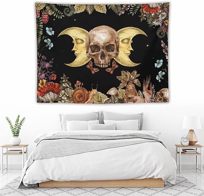 Boho Moon Skull Tapestry,Vintage Sun Moon Hippie Mushroom Floral Plant Tapestries Wall Hanging for Dorm Living Room Bedroom Decor(60"x80")