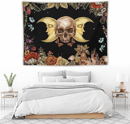 Boho Moon Skull Tapestry,Vintage Sun Moon Hippie Mushroom Floral Plant Tapestries Wall Hanging for Dorm Living Room Bedroom Decor(60"x80")