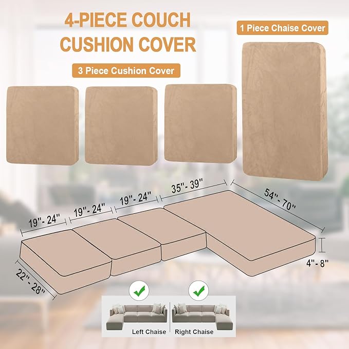 NAISI Sectional Couch Cover 4 Pieces Velvet Separate Couch Cushion Covers L Shape Soft Stretch Sofa Slipcovers with 2pcs Pillowcases for Left/Right Chaise Sectional Sofa(3 Seater+1 Chaise,Camel)