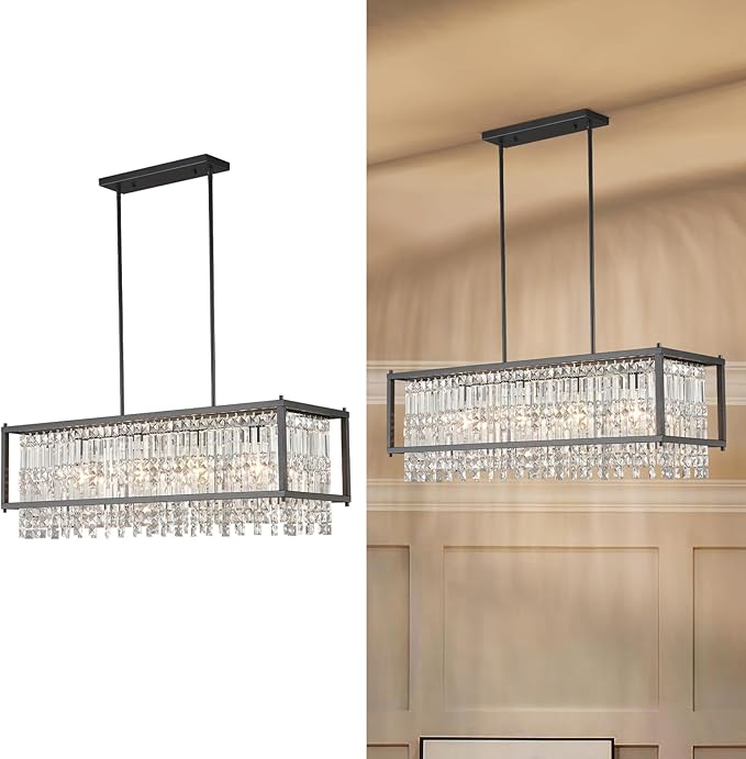 LMQNINE Modern Rectangle Chandelier for Dining Room, Black Crystal Chandelier Linear Light Fixture, Farmhouse Chandeliers for Kitchen Island, Bar Table, L35.43'' x W11.81'' x H9.84''