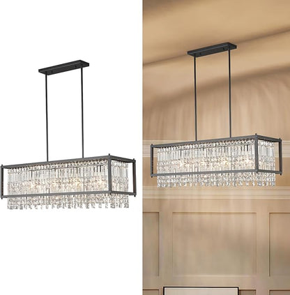 LMQNINE Modern Rectangle Chandelier for Dining Room, Black Crystal Chandelier Linear Light Fixture, Farmhouse Chandeliers for Kitchen Island, Bar Table, L35.43'' x W11.81'' x H9.84''