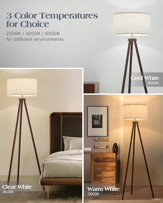 ELYONA Wood Tripod Floor Lamp Brushed Brass Metal & 3 Color Temperatures LED Bulb Vintage Wooded Standing Lamp Industrial Tall Light for Living Room Bedroom Office Beige Linen Shade Dark Brown & Gold
