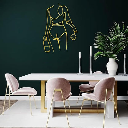 Metal Wall Art Woman Drinking Wine,Gold 30.3"x21.7",Modern Minimalist Abstract Line Sculpture, Feminine Wall Decor for Living Room, Dining Room, Bar, Kitchen, Perfect Wine Lover Birthday Housewarming Gift
