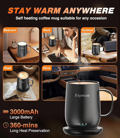 Kepwam Self Heating Coffee Mug T2, 16oz Smart Heated Coffee Mug, 150 Min Battery Life - Hot up to 149℉ Temperature Control Coffee Mug Warmer, Gifts for Dad Mom (No APP)