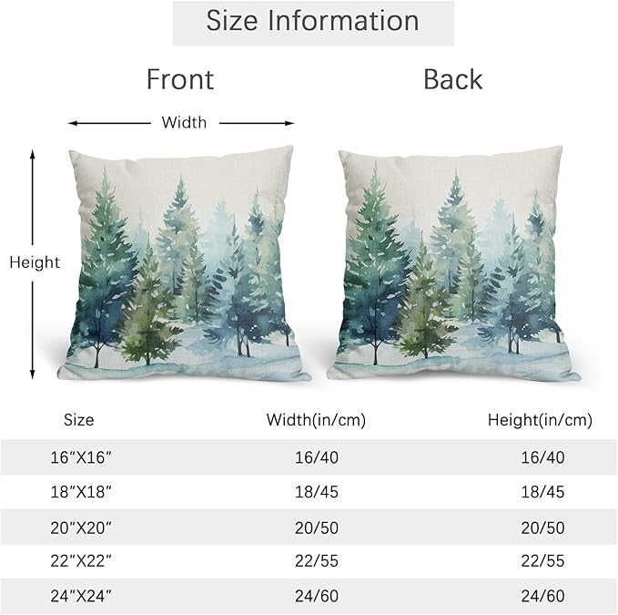 Watercolor Christmas Tree Pillow Covers 24x24 Set of 2 Blue Green Xmas Print Vintage Decorative Outdoor Throw Pillow Cases Rustic Winter Holiday Decoration Farmhouse Sofa Couch Cushion Cover Bed Decor