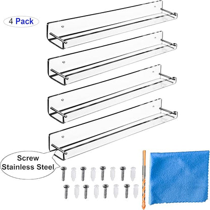 AMT 4 Pack Acrylic Floating Shelves, 15" L x 1.6" W, Clear Bathroom Wall Shelf, Bookshelves, Invisible Display for Office, Bedroom, Small Gap Allows Water to Escape, Free Screws & Drill Bit (Small)