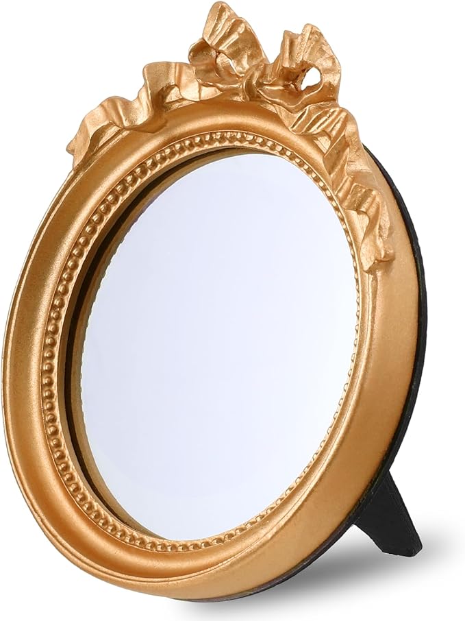 Small Wall Mirror 4.2'' Gold Vintage Makeup Desk Mirror Traditional Roundness Table Mirror Antique Mirror with Resin Frame Decorative Hanging Mirror for Bedroom Bathroom Tabletop Wall
